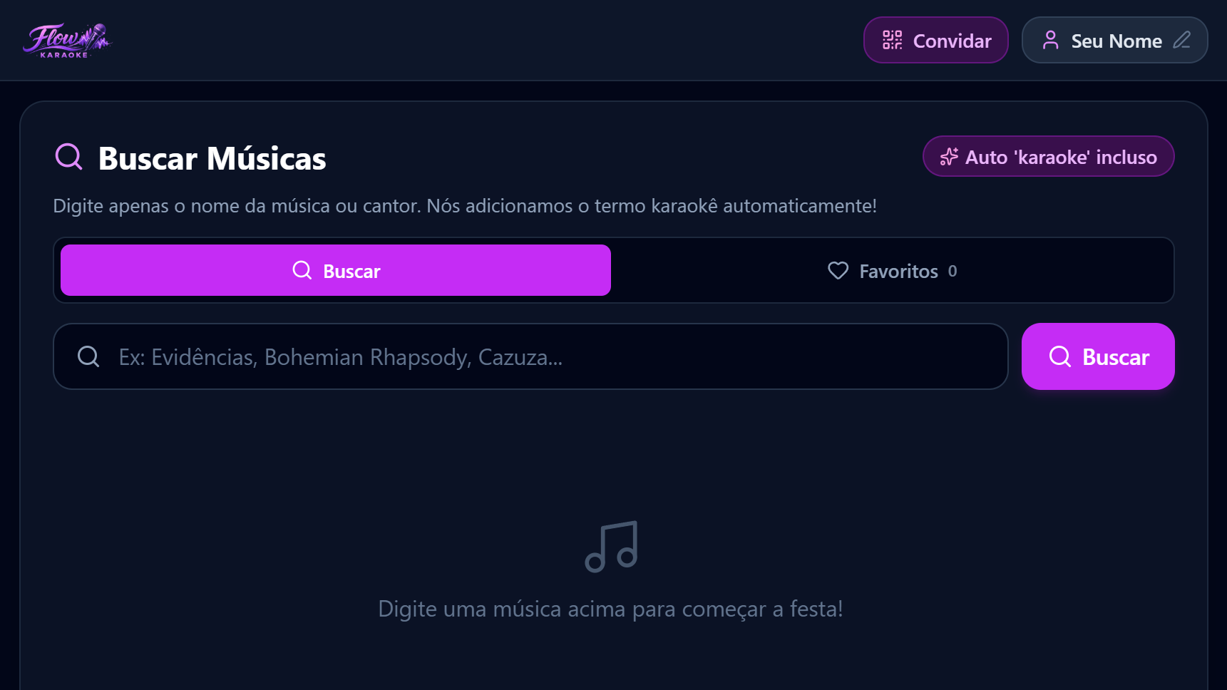 Tela real do Flow Karaoke: busca de músicas, favoritos e acesso à fila